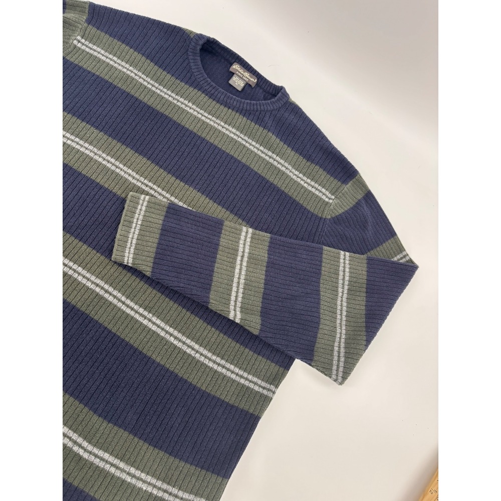 Eddie Bauer Mens XL Ribbed Cotton Striped Crewneck Sweater Navy Blue Green 1172
